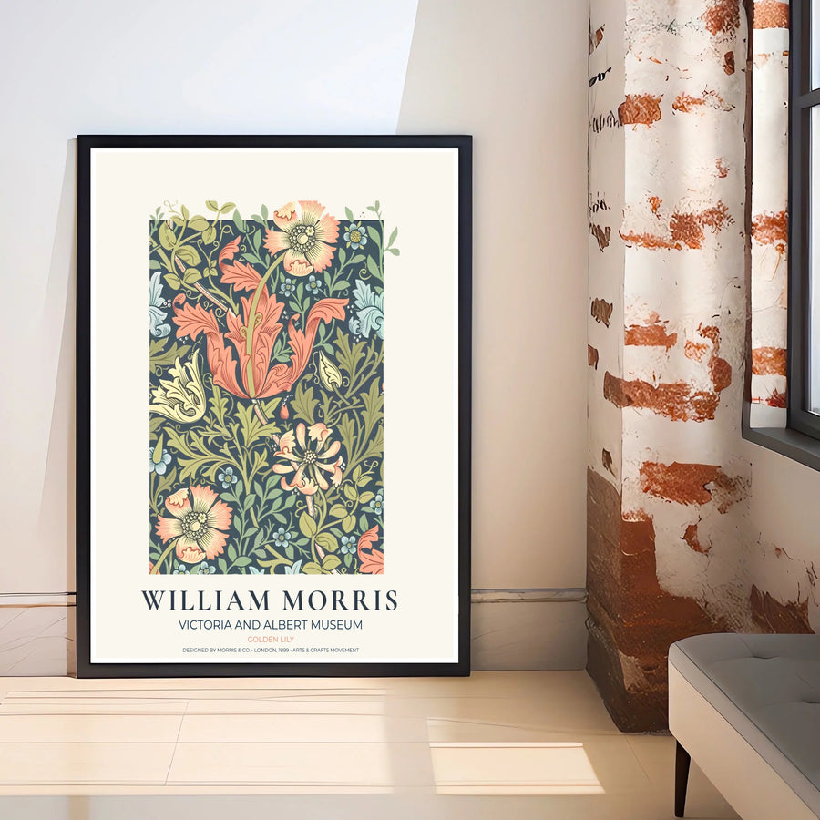 Intertwining peach lily stems and blue forget-me-nots by William Morris rendered in soft pastel tones over a dark backdrop. Choose high quality framed, unframed, and canvas options available at MapYourDreams today.
