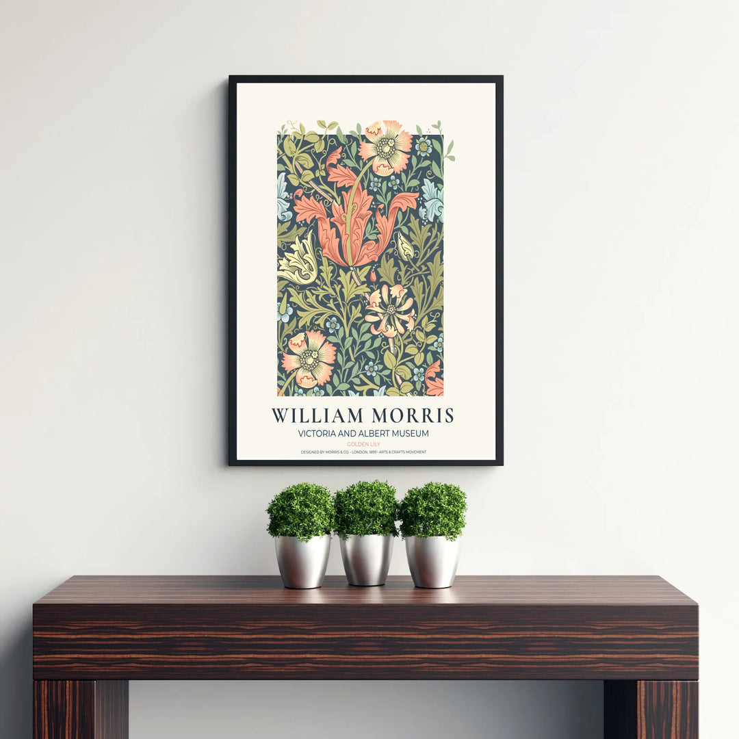 Close-up view of blushing peach lily trumpets, golden blossoms, and olive acanthus foliage from the William Morris Golden Lily poster. MapYourDreams offers versatile framed, unframed, and canvas options available online.
