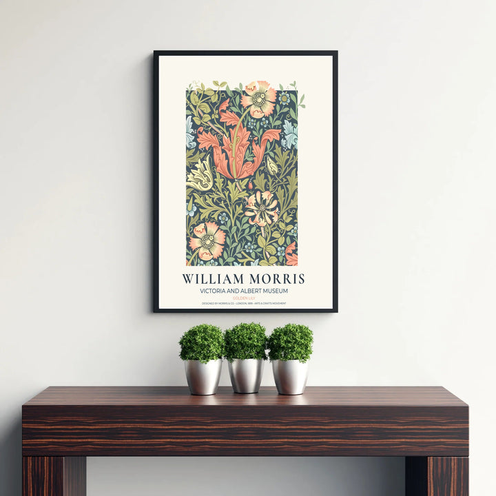 Close-up view of blushing peach lily trumpets, golden blossoms, and olive acanthus foliage from the William Morris Golden Lily poster. MapYourDreams offers versatile framed, unframed, and canvas options available online.