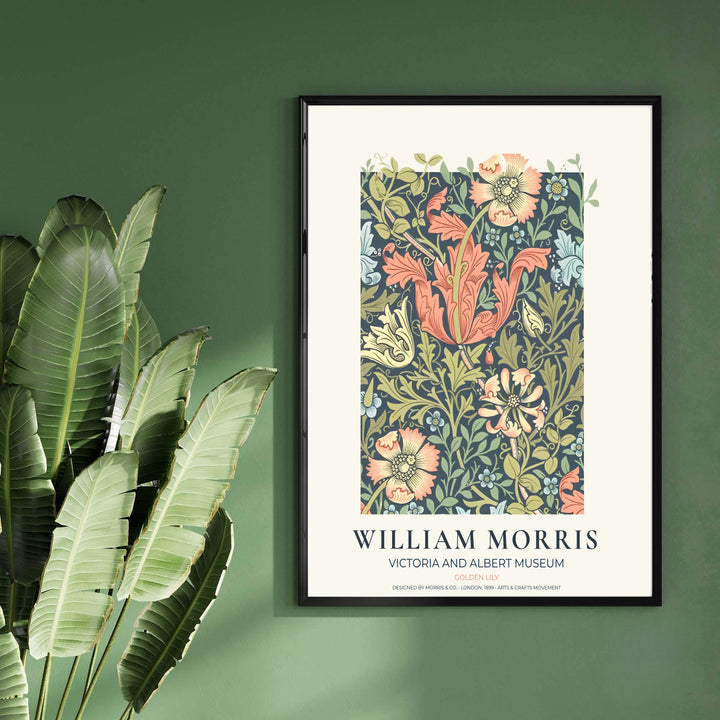 Soft peach pink lilies and olive foliage in a restored vintage William Morris Golden Lily exhibition print. MapYourDreams offers custom framed, unframed, and canvas options available for any room decor.