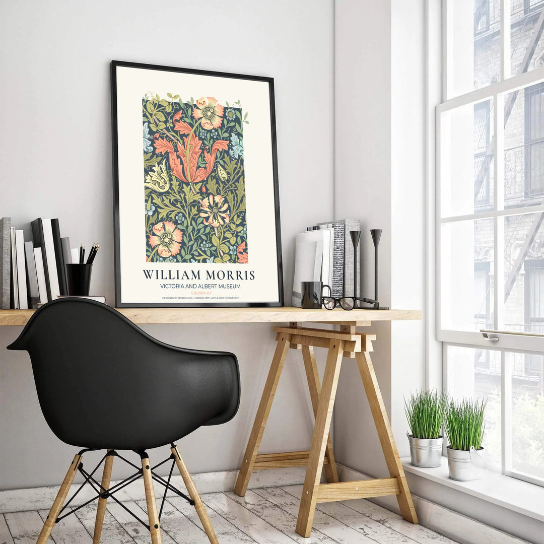 Romantic peach floral art poster by William Morris featuring entwined lilies, perfect for serene bedroom wall spaces. Select from elegant framed, unframed, and canvas options available at MapYourDreams.