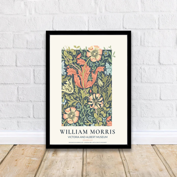 High-contrast peach floral pattern artwork by William Morris featuring Golden Lily motifs for home gallery walls. Order archival framed, unframed, and canvas options available at MapYourDreams now.