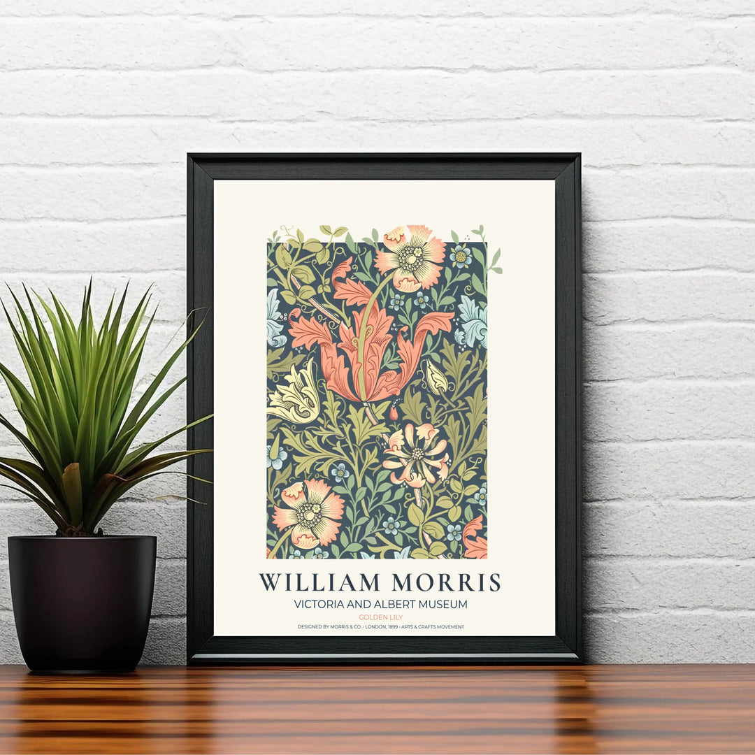 Classic English decorative poster showcasing the 1899 William Morris Golden Lily design, ideal for dining nooks and bedrooms. Browse fine framed, unframed, and canvas options available at MapYourDreams.