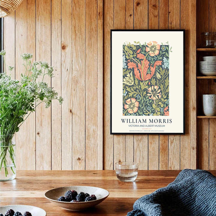 Museum-quality reproduction of the William Morris Golden Lily wallpaper layout, printed on archival matte paper for lasting color stability. Find framed, unframed, and canvas options available at MapYourDreams.