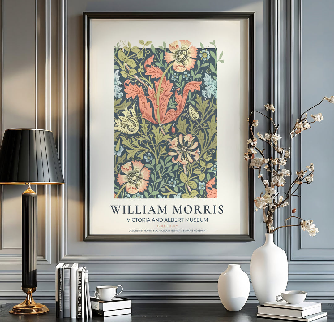 Charming vintage botanical poster illustrating 19th-century William Morris Golden Lily foliage with museum text. MapYourDreams brings you beautiful framed, unframed, and canvas options available for wall styling.