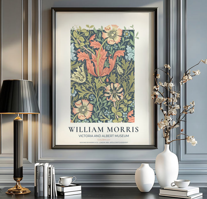 Charming vintage botanical poster illustrating 19th-century William Morris Golden Lily foliage with museum text. MapYourDreams brings you beautiful framed, unframed, and canvas options available for wall styling.