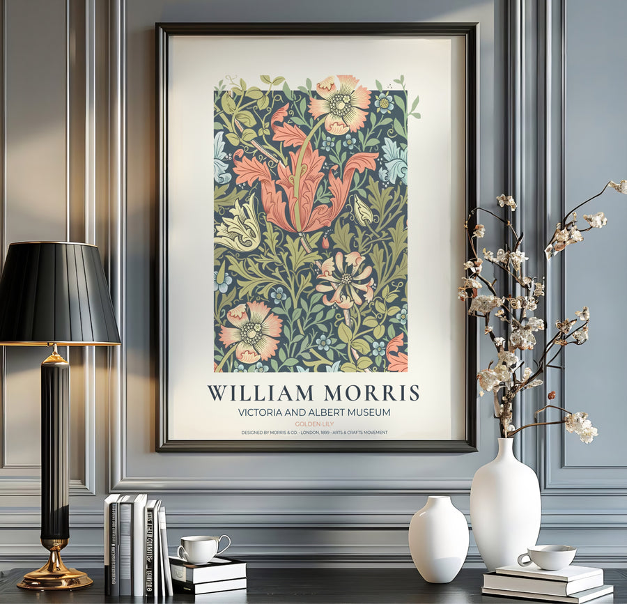 Charming vintage botanical poster illustrating 19th-century William Morris Golden Lily foliage with museum text. MapYourDreams brings you beautiful framed, unframed, and canvas options available for wall styling.