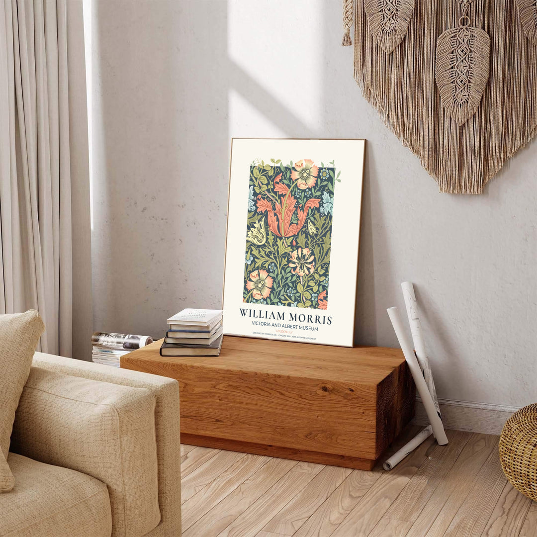 Detailed botanical illustration of lily trumpets and olive acanthus leaves on sweeping branches by William Morris. MapYourDreams provides archival framed, unframed, and canvas options available to buy.