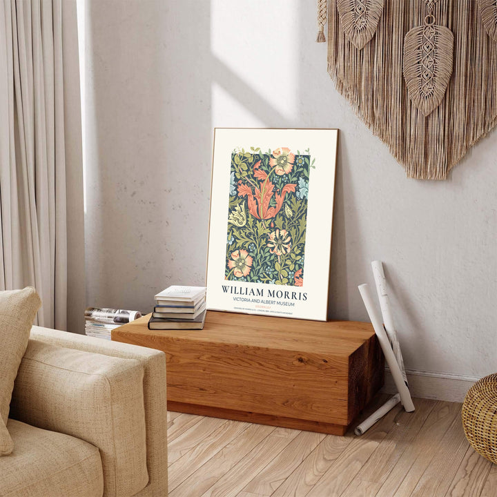 Detailed botanical illustration of lily trumpets and olive acanthus leaves on sweeping branches by William Morris. MapYourDreams provides archival framed, unframed, and canvas options available to buy.