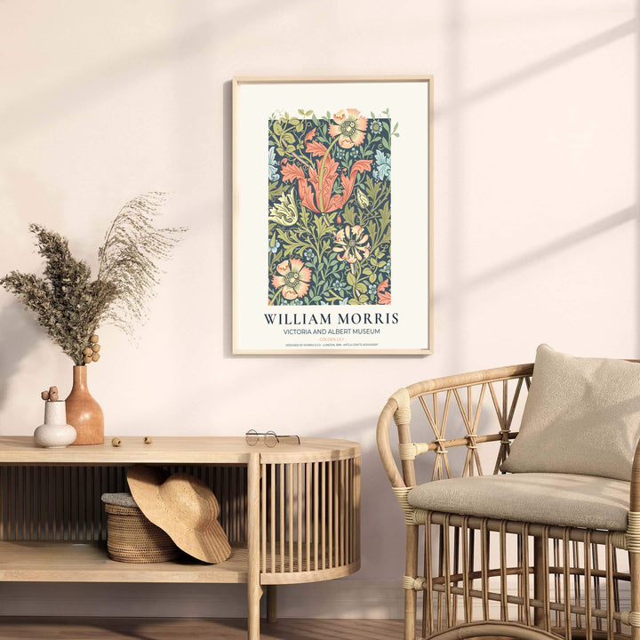 Sophisticated bedroom wall art print highlighting William Morris&
