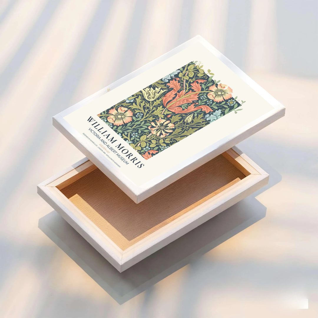 Restored 1899 William Morris exhibition poster combining peach lily hues with historic British Arts and Crafts Movement art. Shop stunning framed, unframed, and canvas options available at MapYourDreams.