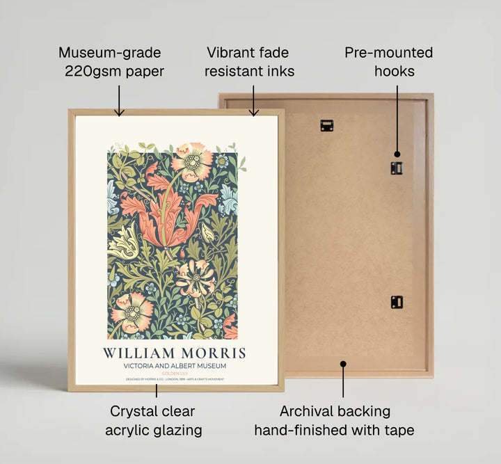 Striking peach and olive floral wall hanging featuring William Morris Golden Lily motifs from the Victoria and Albert Museum collection. Choose framed, unframed, and canvas options available from MapYourDreams.