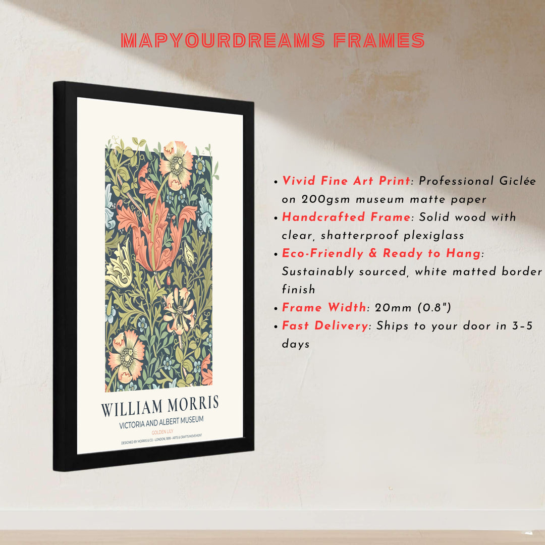 Intricate lily foliage pattern art print by William Morris, ideal for creating a romantic focal point in modern home interiors. MapYourDreams offers museum-grade framed, unframed, and canvas options available.