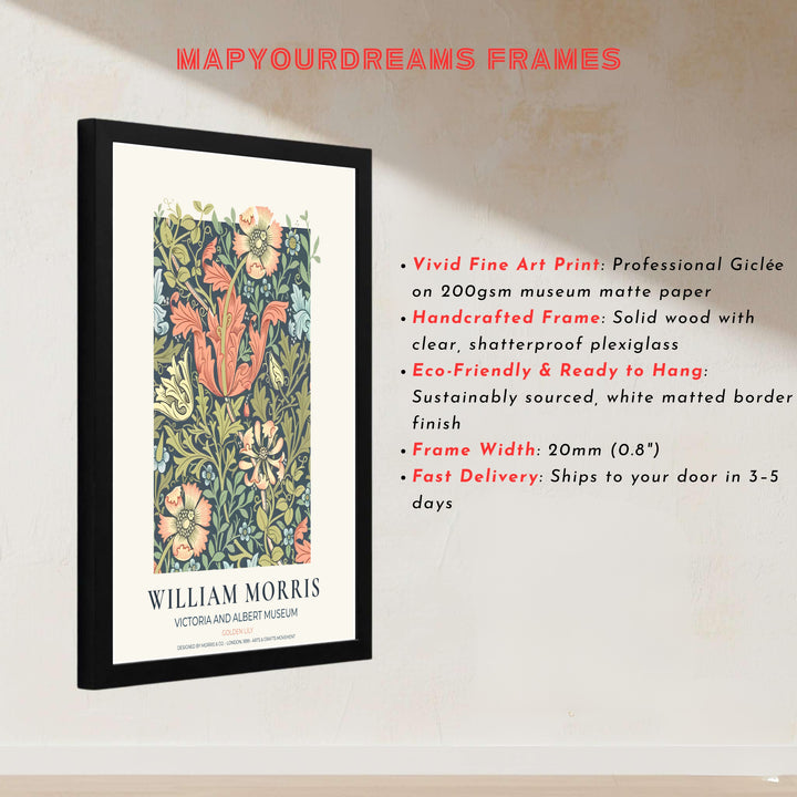 Intricate lily foliage pattern art print by William Morris, ideal for creating a romantic focal point in modern home interiors. MapYourDreams offers museum-grade framed, unframed, and canvas options available.