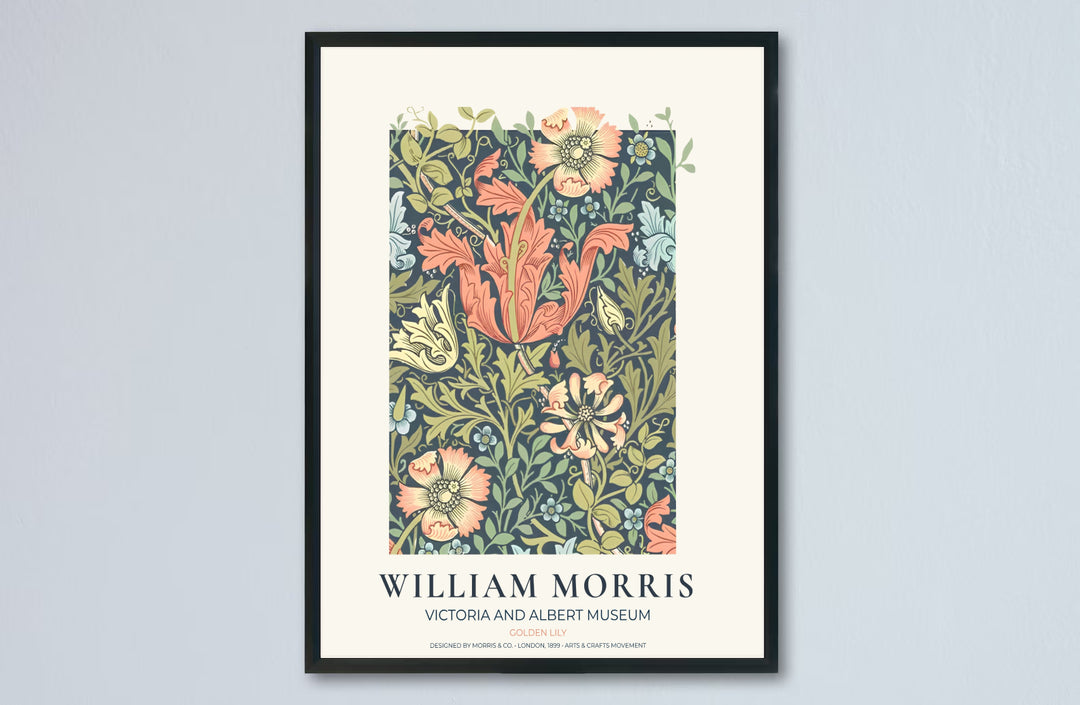 Vintage English heritage poster showing a lush tapestry of William Morris Golden Lily branches printed on acid-free archival paper. Explore our selection of framed, unframed, and canvas options available at MapYourDreams.