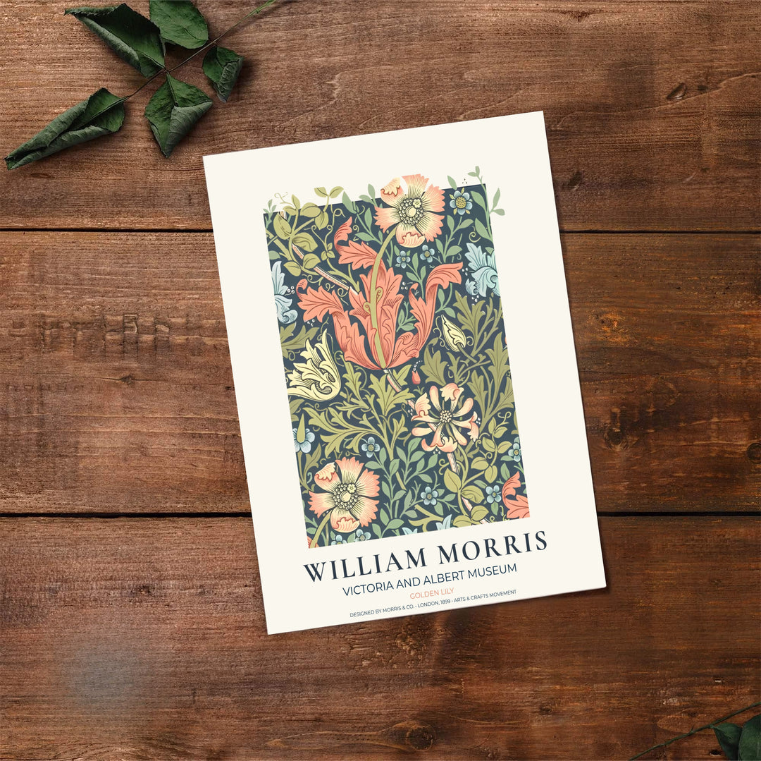 Romantic peach botanical decor print featuring lily trumpets by William Morris, framed in a clean cream exhibition layout. Order your favorite framed, unframed, and canvas options available at MapYourDreams.