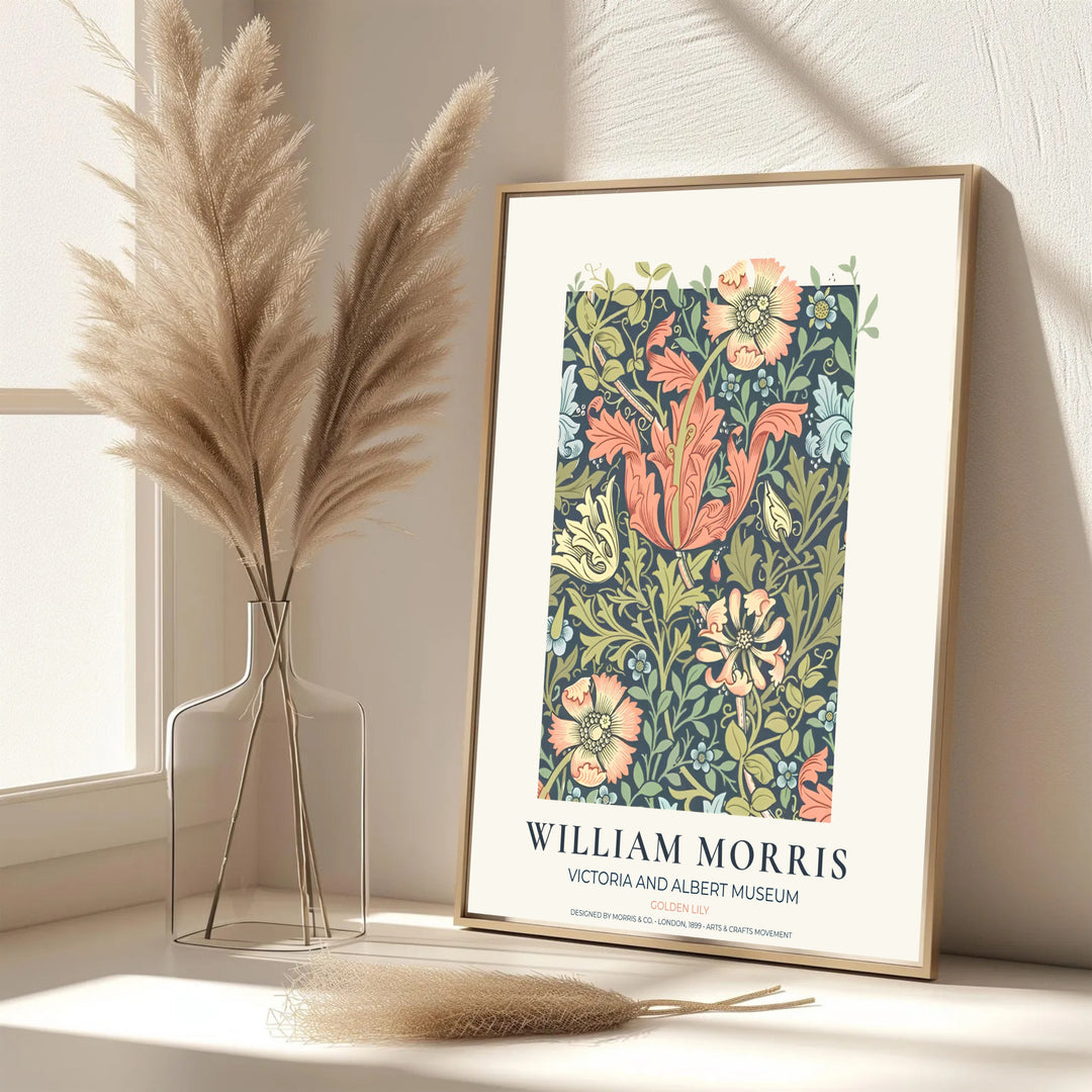 Beautiful William Morris Golden Lily artwork showcasing 19th-century textile graphics and organic floral symmetry on slate blue. MapYourDreams presents professional framed, unframed, and canvas options available for display.