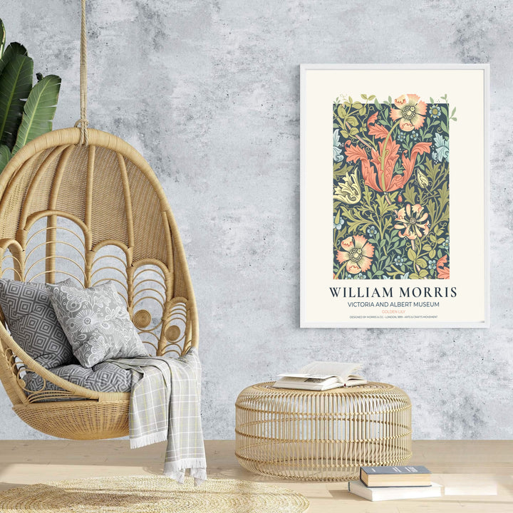 Soft peach floral tapestry print illustrating William Morris Golden Lily foliage, designed to coordinate effortlessly with pastel interior schemes. Select fine framed, unframed, and canvas options available at MapYourDreams.