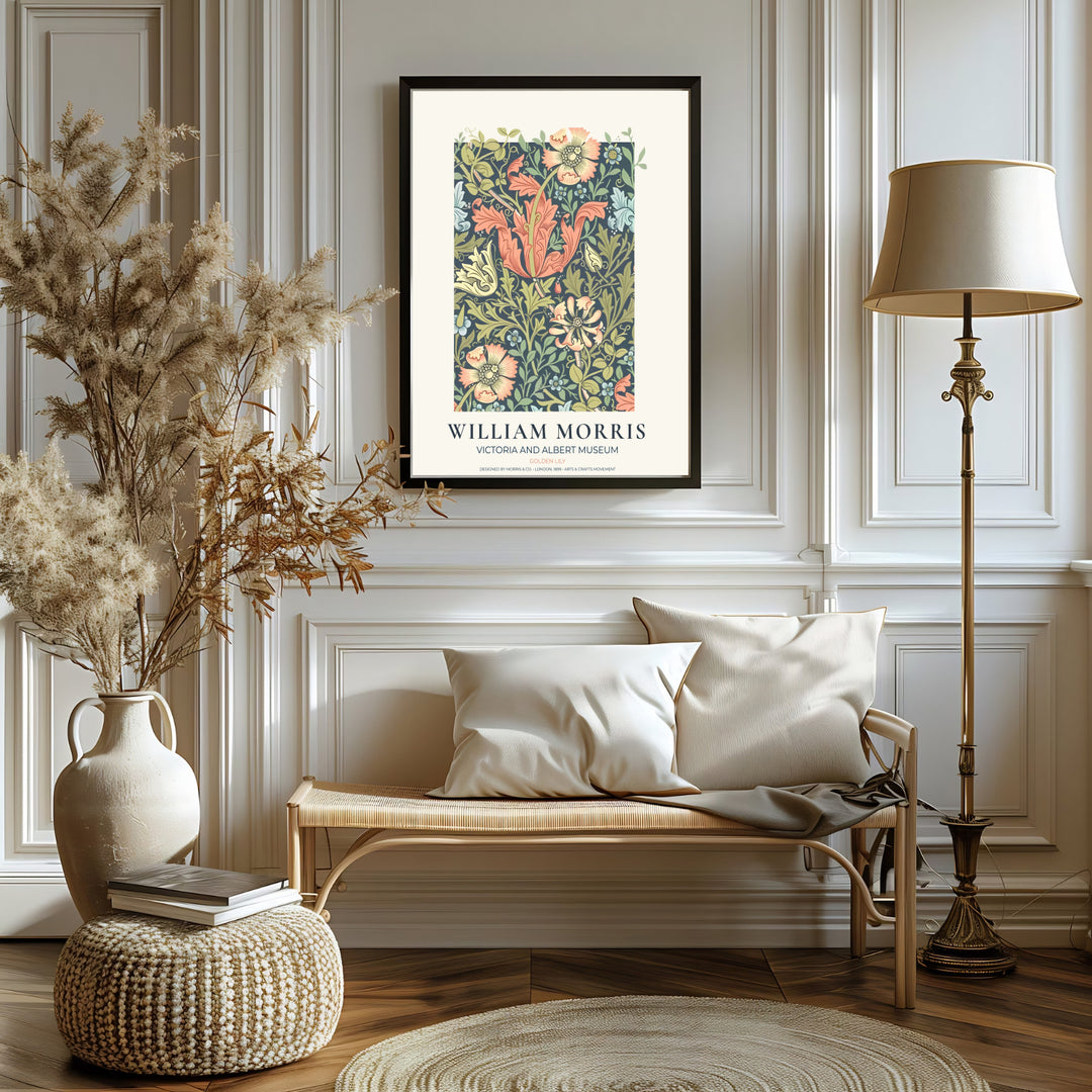 Fine art print of the William Morris Golden Lily design, displaying historic botanical craftsmanship and peach lily trumpet details. MapYourDreams features top quality framed, unframed, and canvas options available.