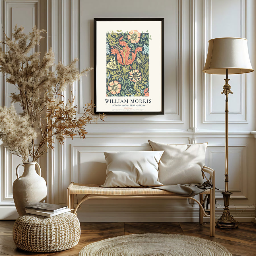 Fine art print of the William Morris Golden Lily design, displaying historic botanical craftsmanship and peach lily trumpet details. MapYourDreams features top quality framed, unframed, and canvas options available.