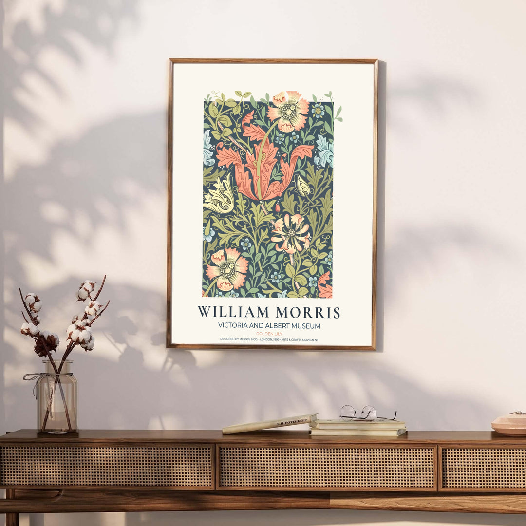 Archival exhibition poster of the peach William Morris Golden Lily design, featuring authentic Victoria and Albert Museum text. Discover our tailored framed, unframed, and canvas options available at MapYourDreams.