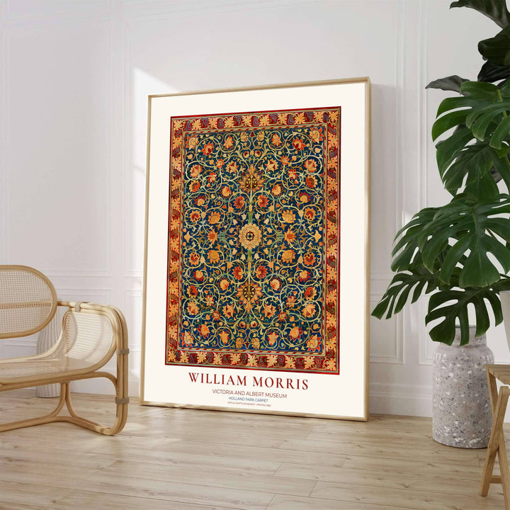Close-up view of cobalt blue floral tendrils and crimson borders from the William Morris Holland Park Carpet poster. MapYourDreams offers versatile framed, unframed, and canvas options available online.