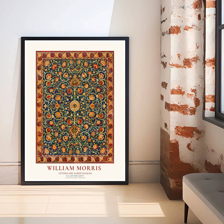 Regal blue and red tapestry art poster by William Morris with intricate foliage, ideal for library wall spaces. Select from elegant framed, unframed, and canvas options available at MapYourDreams.