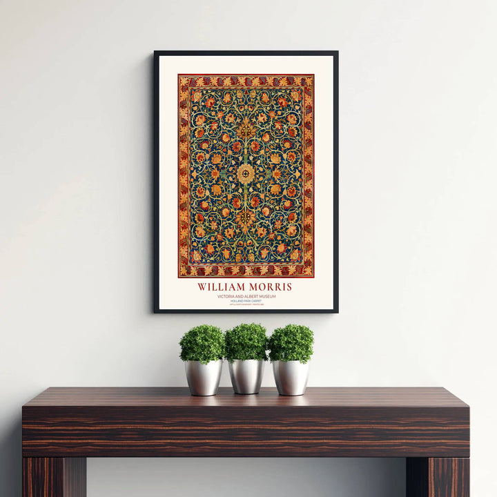 Deep indigo and red floral scrollwork in a restored vintage William Morris Holland Park Carpet print. MapYourDreams offers custom framed, unframed, and canvas options available for any room decor.