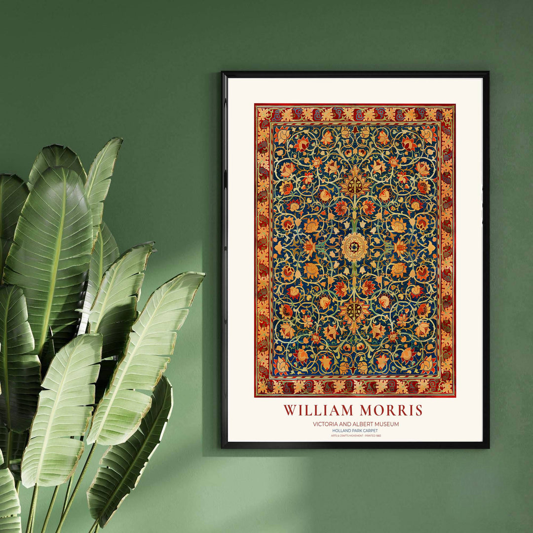 High-contrast textile pattern artwork by William Morris featuring Holland Park Carpet motifs for gallery walls. Order archival framed, unframed, and canvas options available at MapYourDreams now.