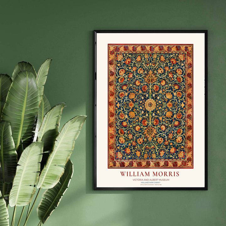High-contrast textile pattern artwork by William Morris featuring Holland Park Carpet motifs for gallery walls. Order archival framed, unframed, and canvas options available at MapYourDreams now.
