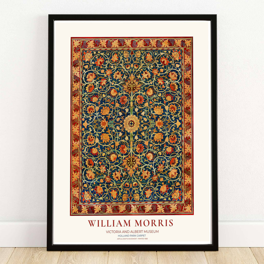 Ornate cobalt blue and ruby red tapestry carpet layout in a William Morris Holland Park Carpet wall art print. MapYourDreams provides framed, unframed, and canvas options available for home interior decoration.