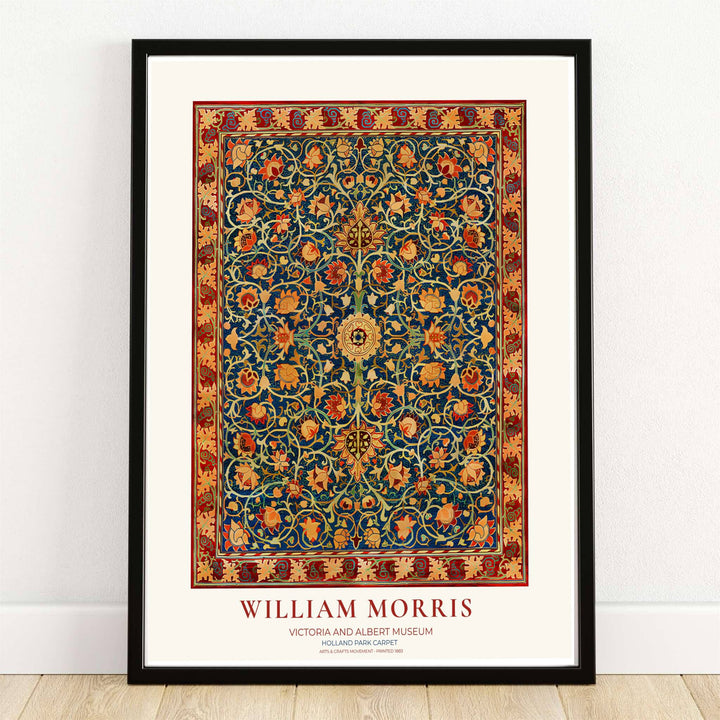 Ornate cobalt blue and ruby red tapestry carpet layout in a William Morris Holland Park Carpet wall art print. MapYourDreams provides framed, unframed, and canvas options available for home interior decoration.
