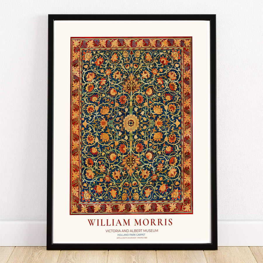 Ornate cobalt blue and ruby red tapestry carpet layout in a William Morris Holland Park Carpet wall art print. MapYourDreams provides framed, unframed, and canvas options available for home interior decoration.