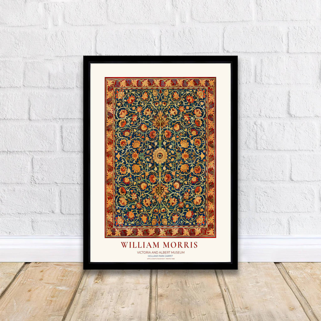 Classic English decorative poster showcasing the 1883 William Morris Holland Park Carpet design. Browse fine framed, unframed, and canvas options available at MapYourDreams.