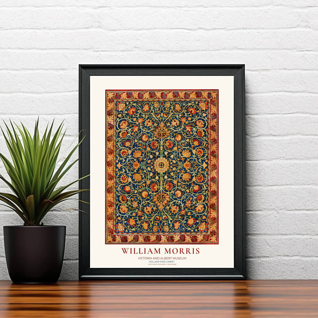 Spiraling yellow and crimson lotus blossoms over deep blue by William Morris in an ornate carpet layout. Choose high quality framed, unframed, and canvas options available at MapYourDreams today.