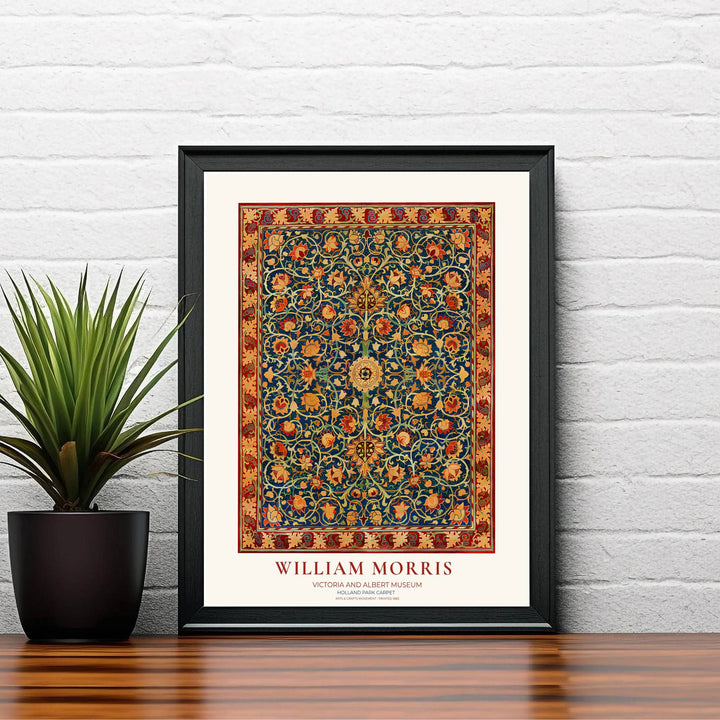 Spiraling yellow and crimson lotus blossoms over deep blue by William Morris in an ornate carpet layout. Choose high quality framed, unframed, and canvas options available at MapYourDreams today.