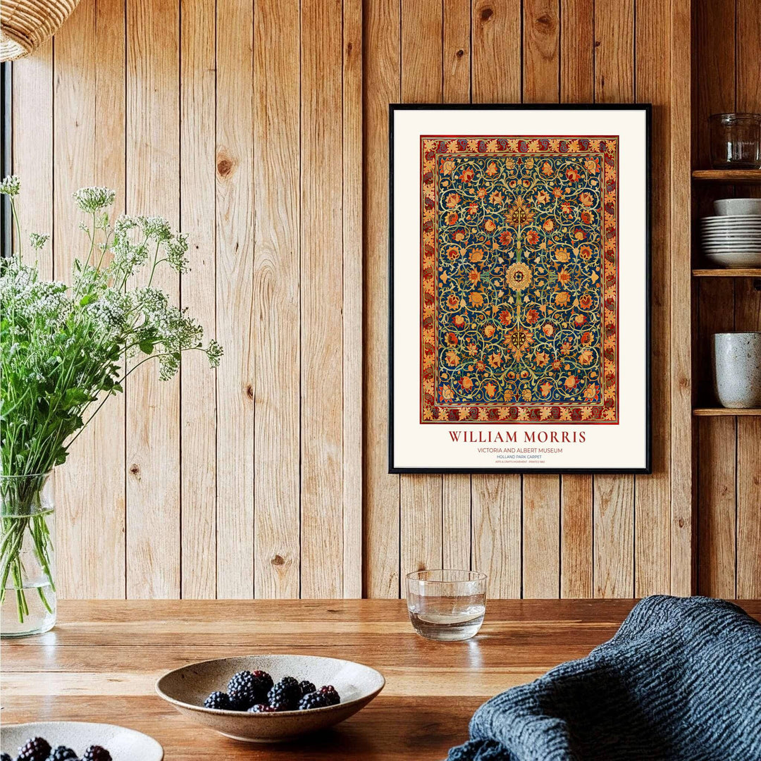 Museum-quality reproduction of the William Morris Holland Park Carpet design on archival matte paper. Find framed, unframed, and canvas options available at MapYourDreams.
