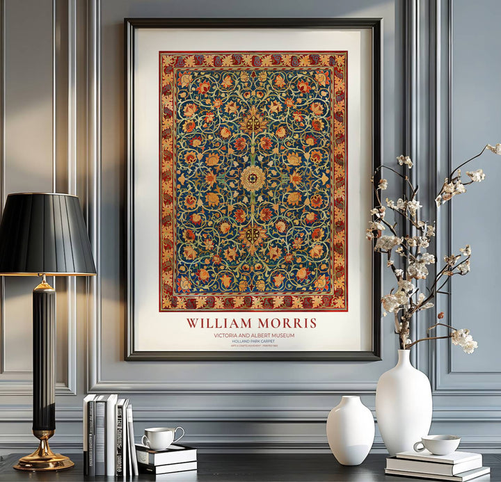 Charming vintage tapestry poster illustrating 19th-century William Morris rug patterns with museum text. MapYourDreams brings you beautiful framed, unframed, and canvas options available for wall styling.