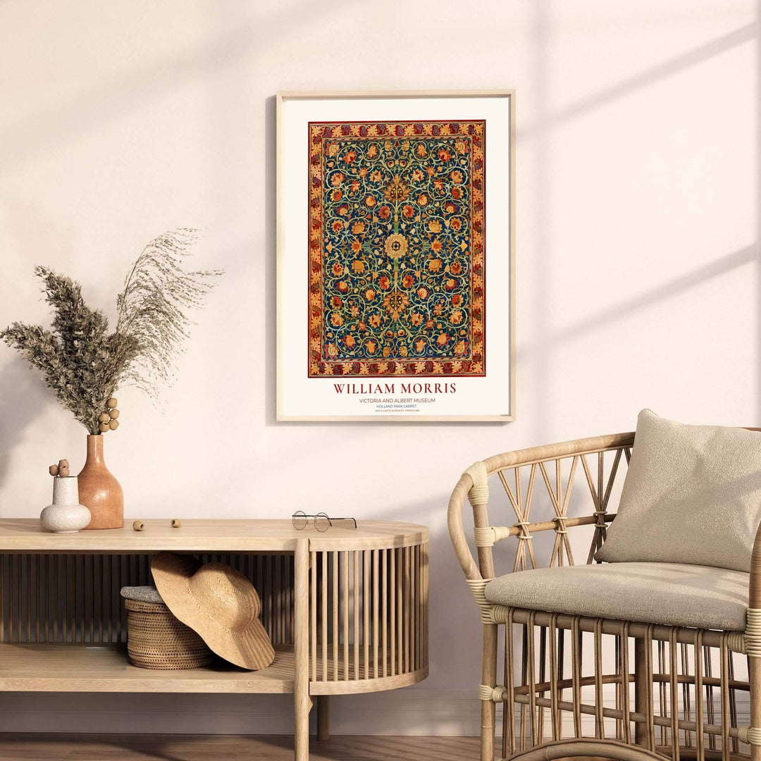 Detailed textile illustration of scrolling vines and lotus palmettes in an 1883 William Morris rug layout. MapYourDreams provides archival framed, unframed, and canvas options available to buy.