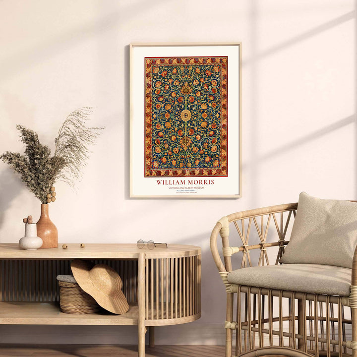 Detailed textile illustration of scrolling vines and lotus palmettes in an 1883 William Morris rug layout. MapYourDreams provides archival framed, unframed, and canvas options available to buy.