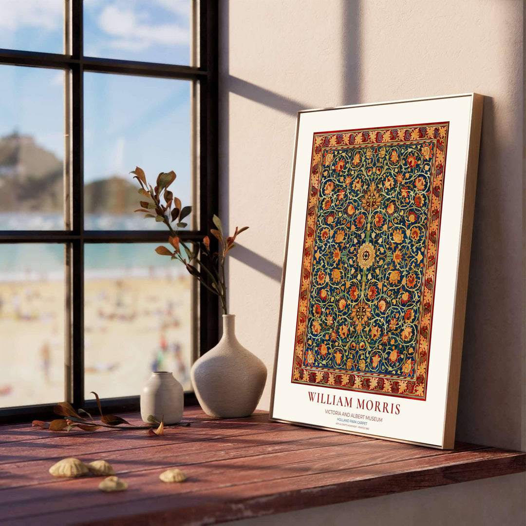 Historic Arts and Crafts Movement textile poster displaying the William Morris Holland Park Carpet pattern. Discover premium framed, unframed, and canvas options available at MapYourDreams.