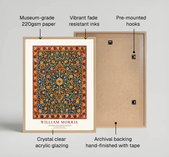 Intricate Persian-inspired tapestry pattern print by William Morris for creating a dramatic focal point. MapYourDreams offers museum-grade framed, unframed, and canvas options available.