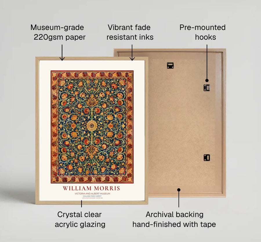 Intricate Persian-inspired tapestry pattern print by William Morris for creating a dramatic focal point. MapYourDreams offers museum-grade framed, unframed, and canvas options available.