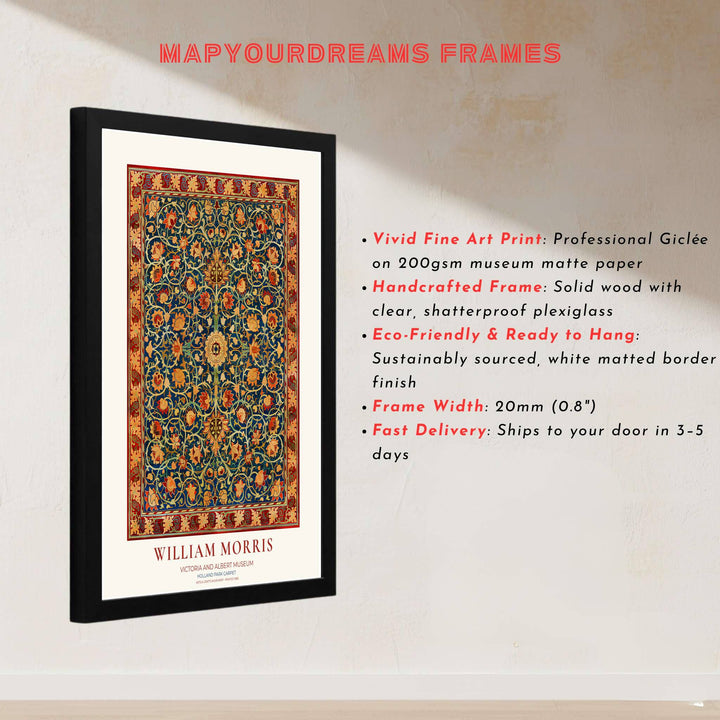 Vintage English heritage poster showing an intricate William Morris rug print on acid-free archival paper. Explore our selection of framed, unframed, and canvas options available at MapYourDreams.