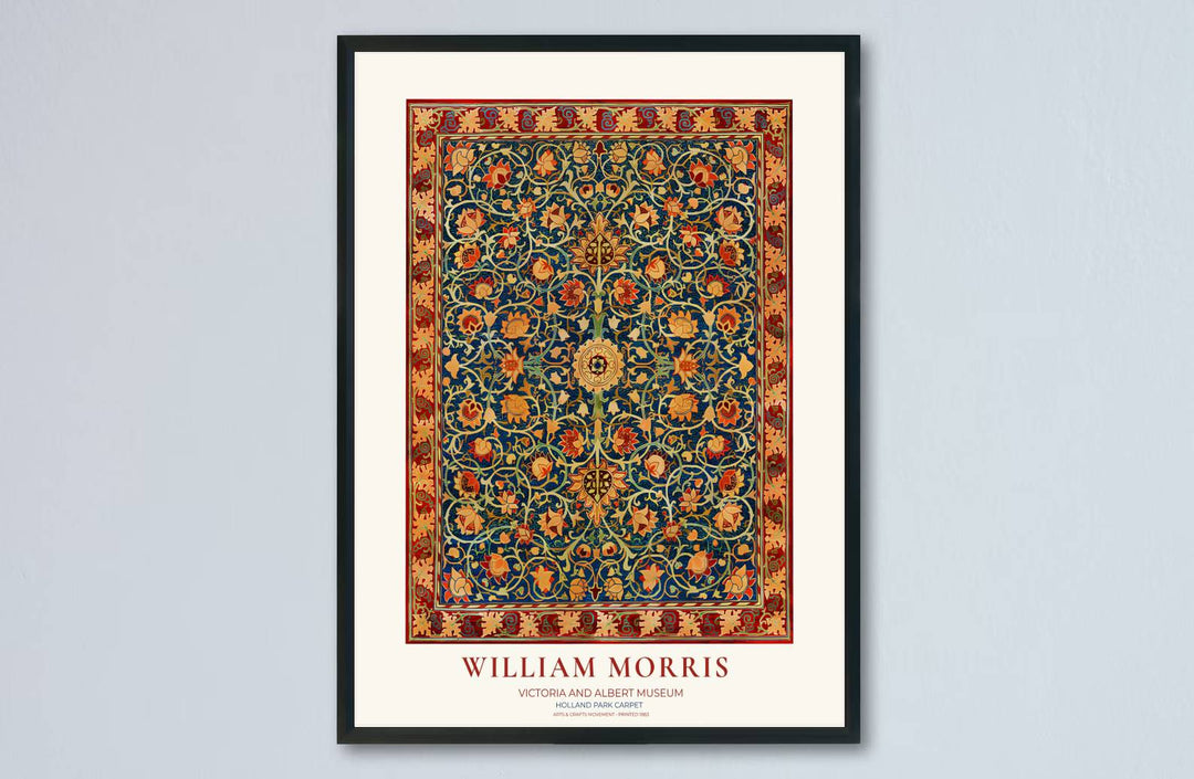 Luxurious blue and red textile decor print featuring rug scrollwork by William Morris in a cream layout. Order your favorite framed, unframed, and canvas options available at MapYourDreams.