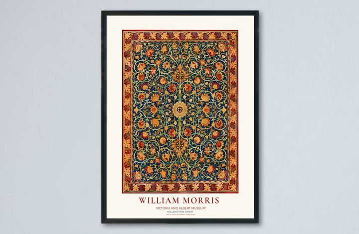 Luxurious blue and red textile decor print featuring rug scrollwork by William Morris in a cream layout. Order your favorite framed, unframed, and canvas options available at MapYourDreams.