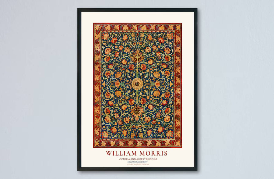 Luxurious blue and red textile decor print featuring rug scrollwork by William Morris in a cream layout. Order your favorite framed, unframed, and canvas options available at MapYourDreams.
