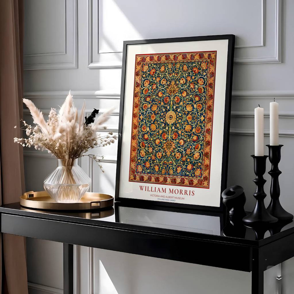 Intricate 1883 William Morris Holland Park Carpet design featuring red borders and spiraling floral vines. Shop high quality framed, unframed, and canvas options available today at MapYourDreams.