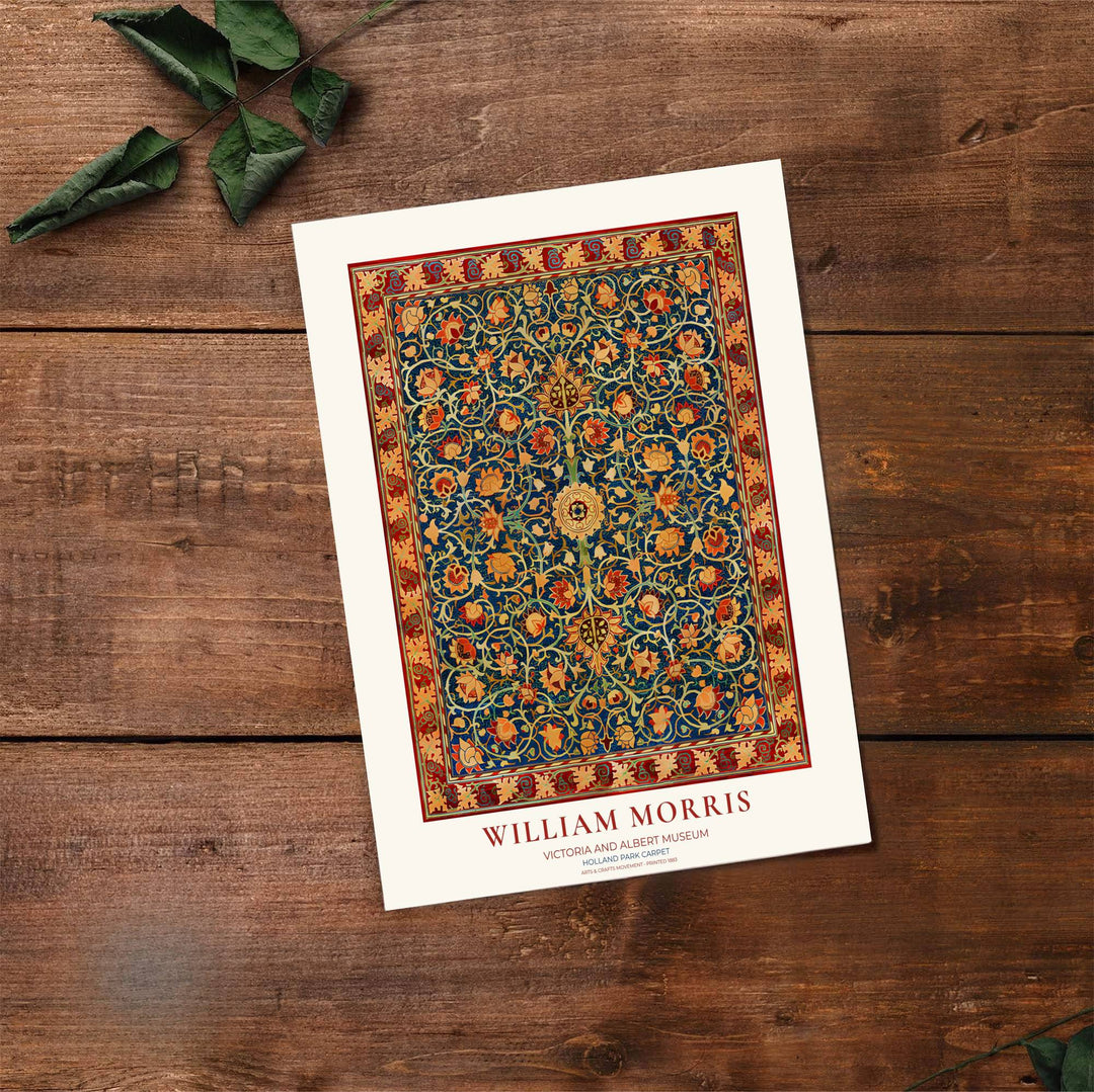 Elegant William Morris heritage rug pattern print framed by a clean cream museum exhibition border. Explore durable framed, unframed, and canvas options available from MapYourDreams.