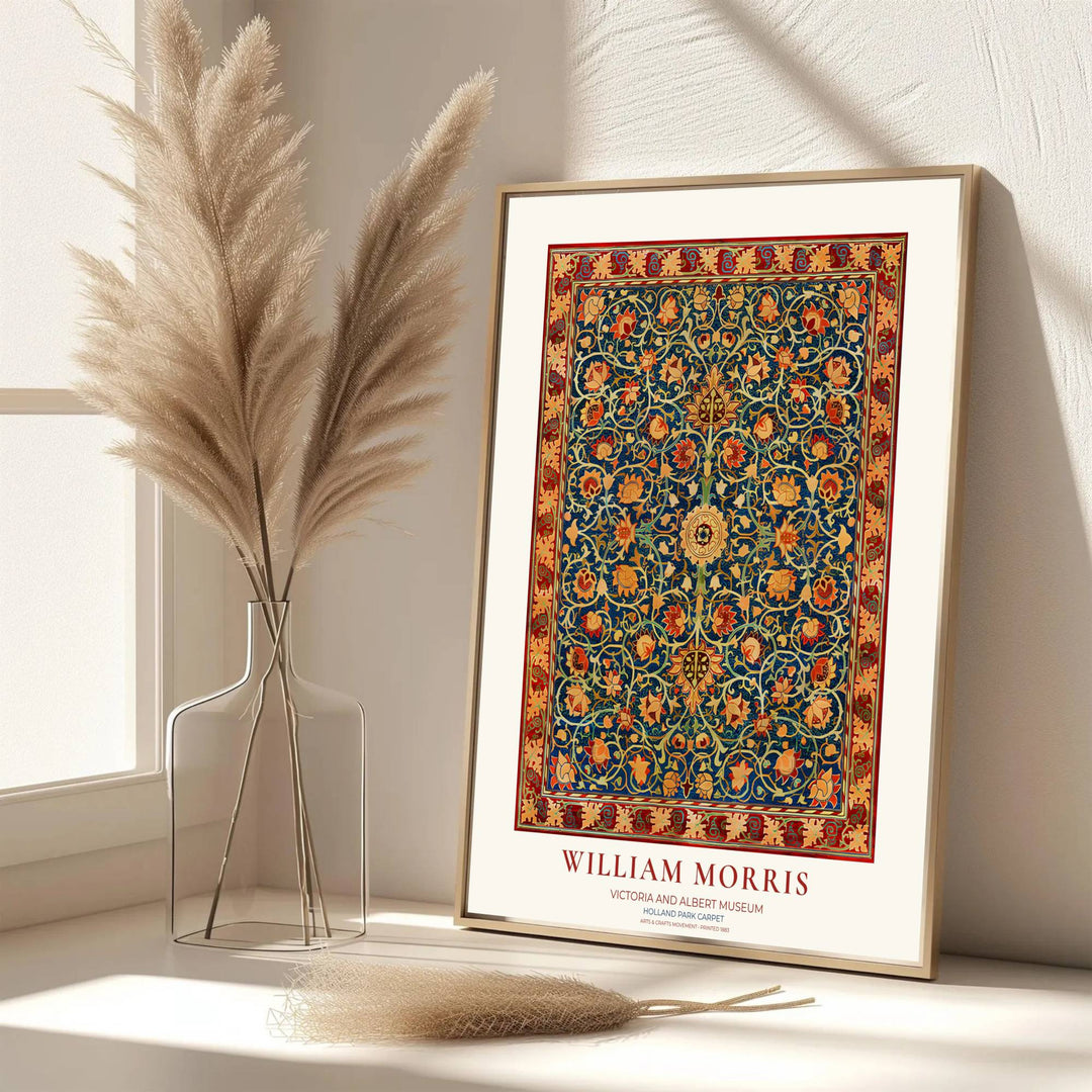 Beautiful William Morris Holland Park Carpet artwork showcasing 19th-century textile graphics and symmetry. MapYourDreams presents professional framed, unframed, and canvas options available for display.